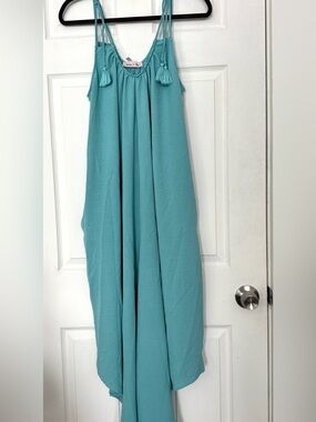 Teal Sleeveless Tassel Oversized Jumpsuit With Pockets!!